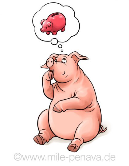 Farbige Illustration Schwein mit Sparschwein in Gedankenblase
