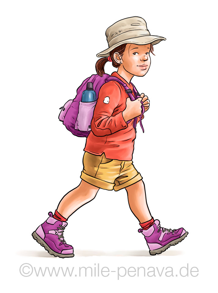 Illustration Kind Mädchen wandert mit Rucksack